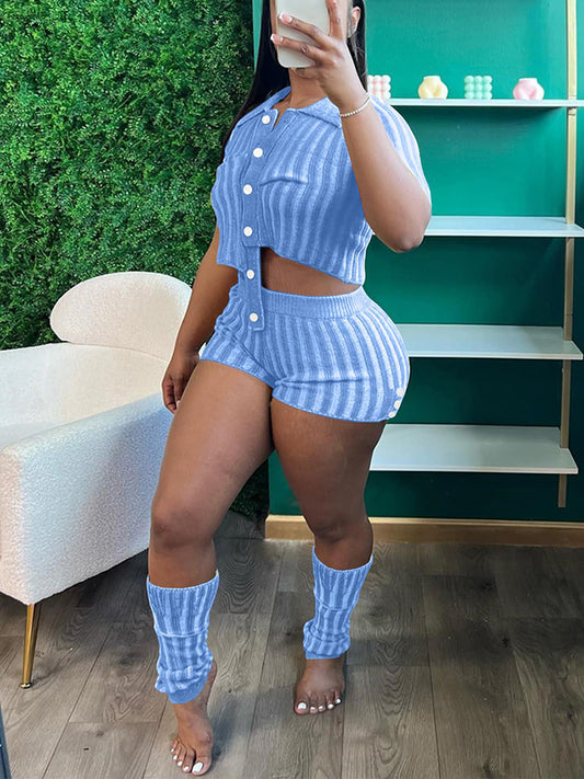Button Knit Sweater Shorts Set - ECHOINE