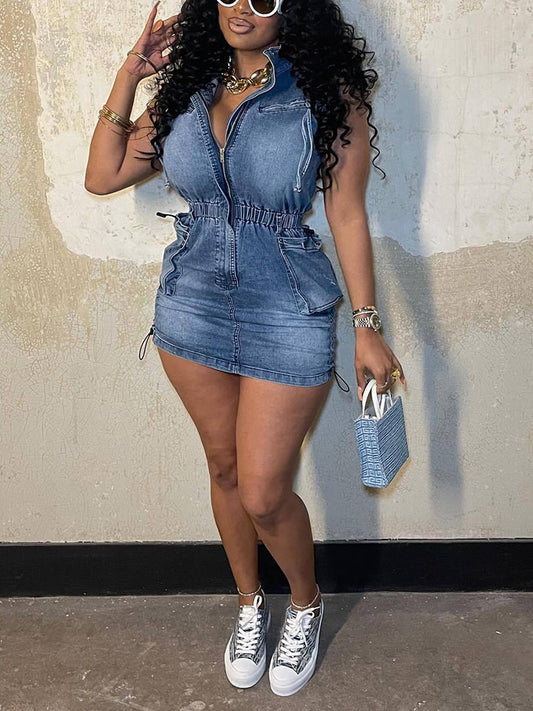 Denim Drawstring Sleeveless Dress - ECHOINE