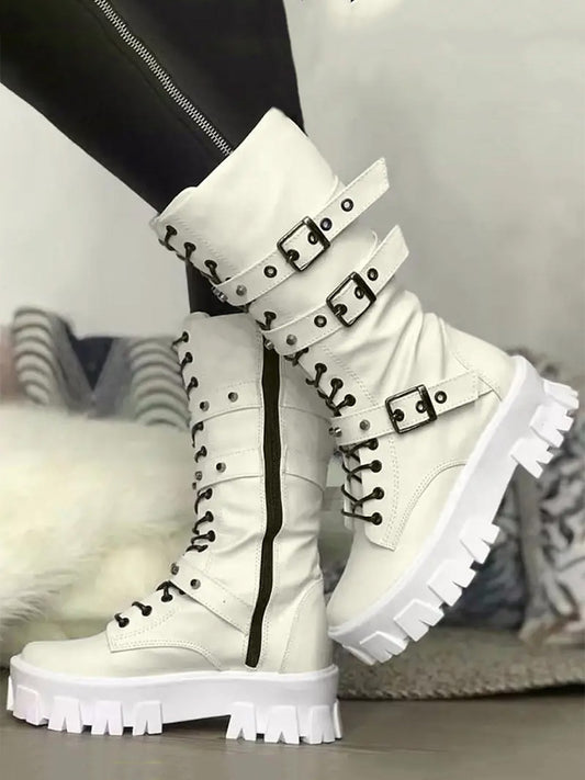 Eyelet Buckled Zipper Platform Boots - ECHOINE