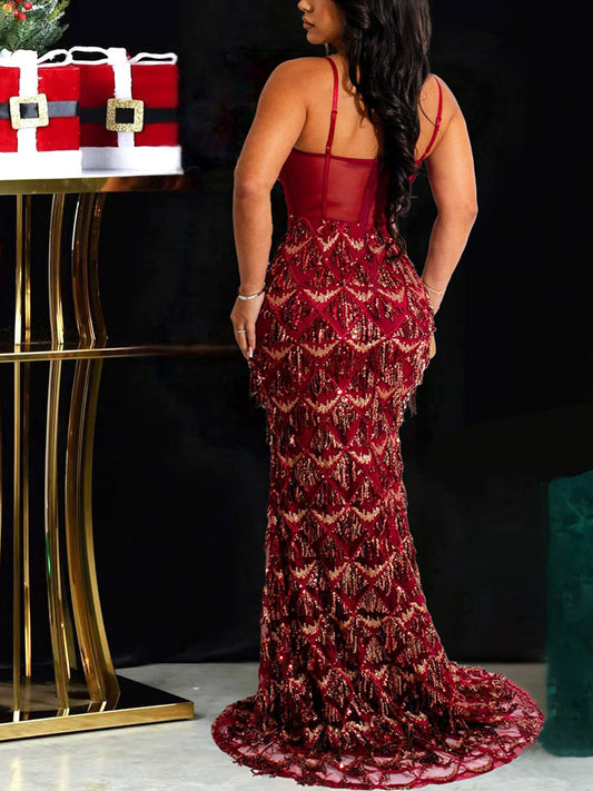 Sequin Fringed Gown Maxi Dress - ECHOINE