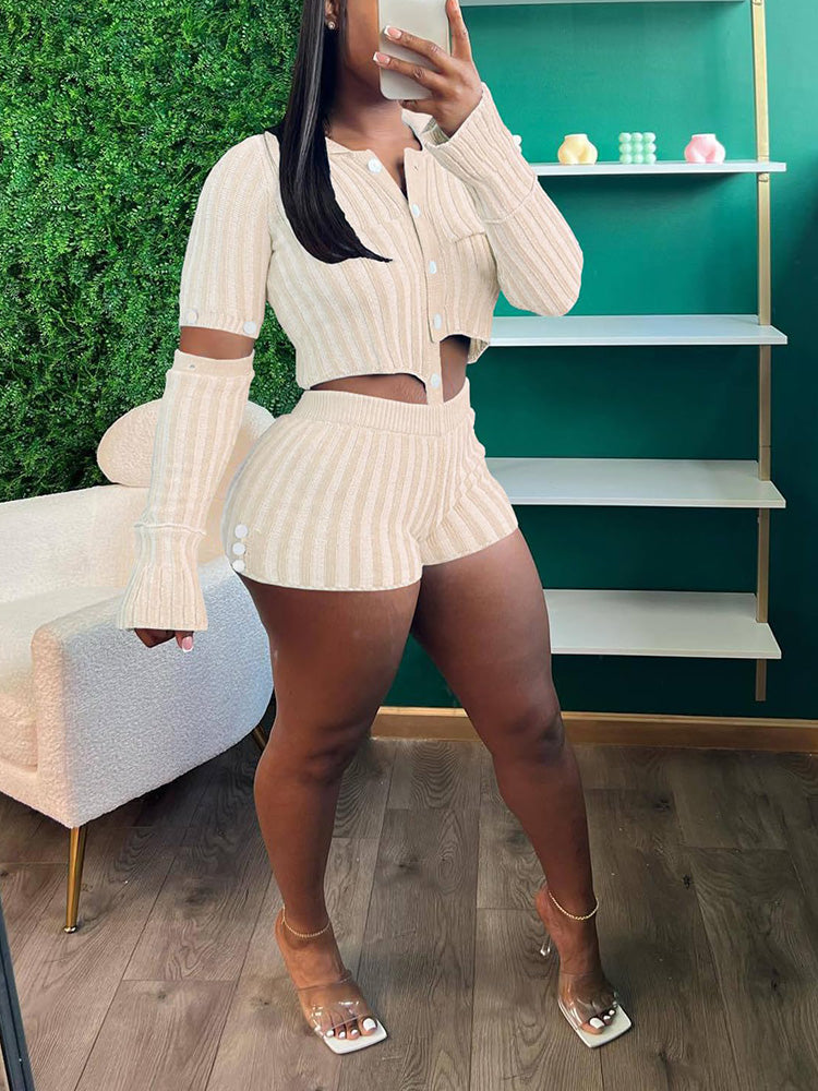 Button Knit Sweater Shorts Set - ECHOINE