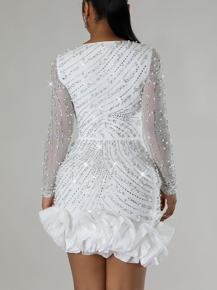 Rhinestone Pearl Ruffle Dress - ECHOINE