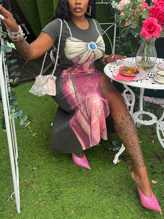 Pearl Bow Print Dress - ECHOINE