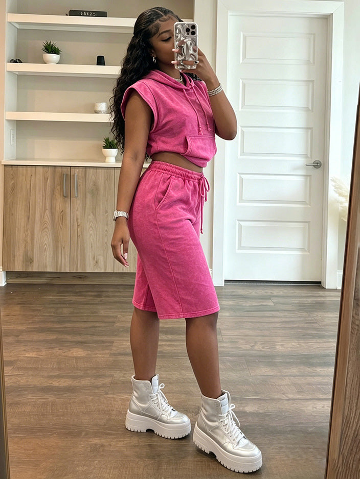 Washed Sleeveless Hoodie & Shorts Set