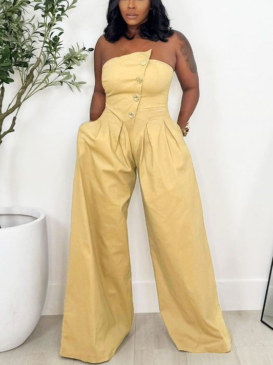 Strapless Button Wide Jumpsuit