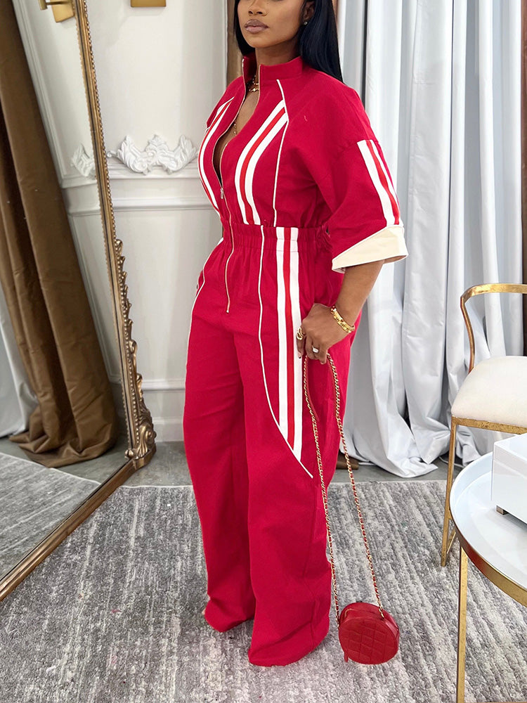 3/4 Sleeves Zip-Up Striped Jumpsuit - ECHOINE