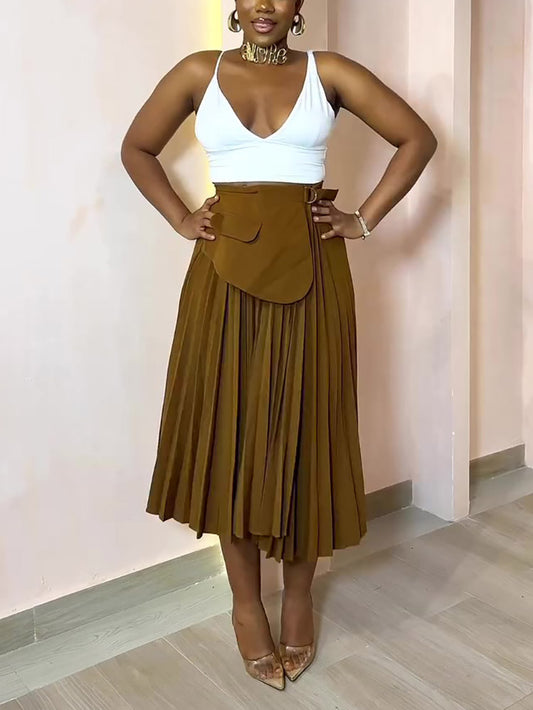 Pleated Belt Midi Skirt - ECHOINE