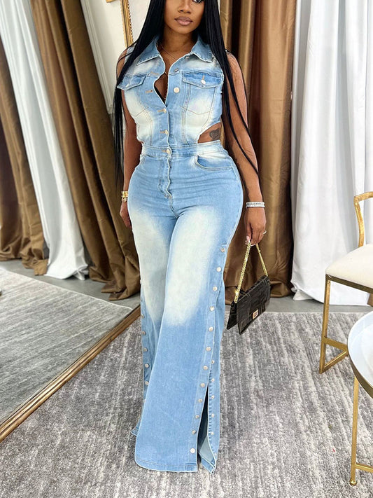 Snap Button Wide Denim Jumpsuit