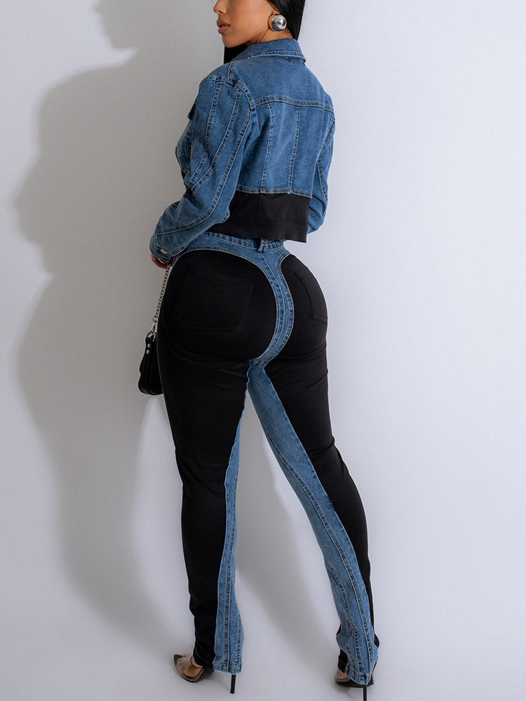 Color Contrast Denim Jacket & Jeans - ECHOINE