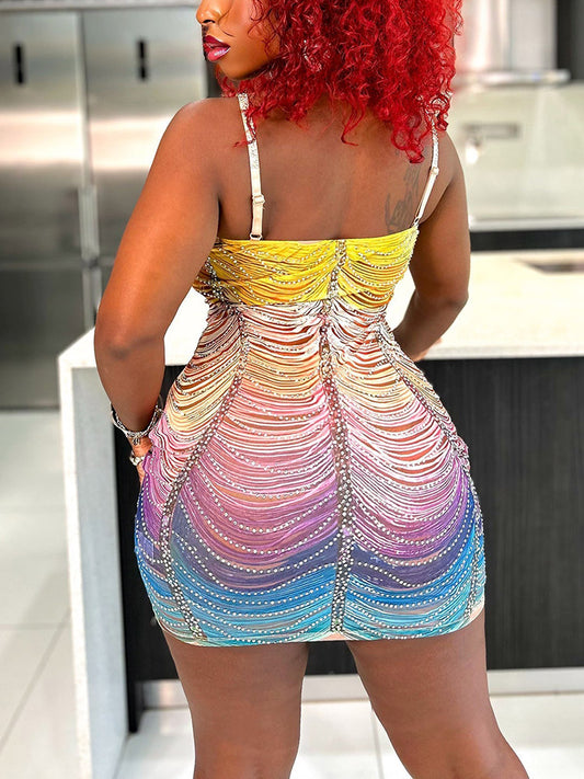 Gradient Mesh Rhinestone Dress - ECHOINE