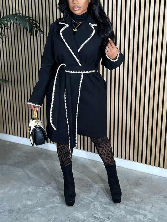 Contrast Lapel Neck Belted Coat - ECHOINE