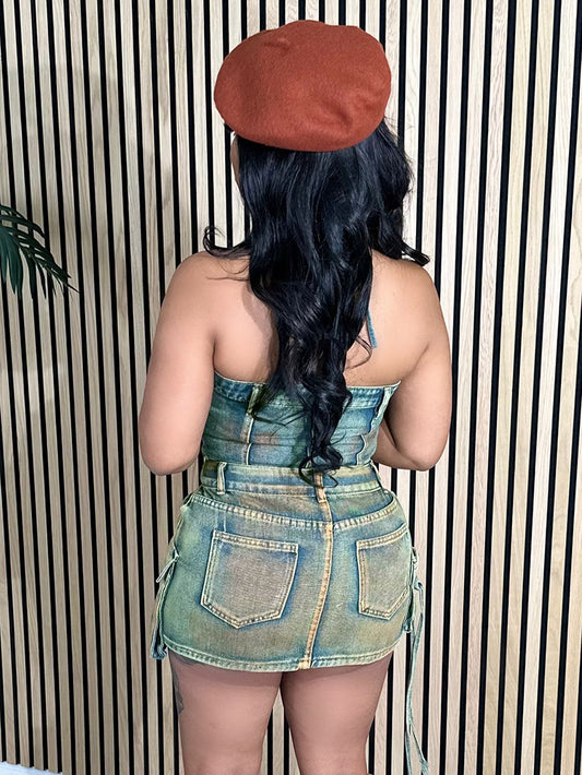 Denim Vintage Washed Cargo Skirt Set - ECHOINE