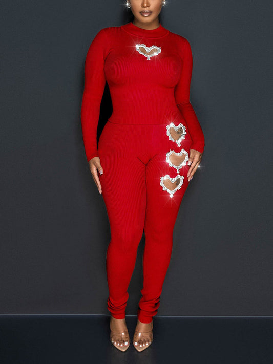 Ribbed Rhinestone-Heart Legging Set - ECHOINE