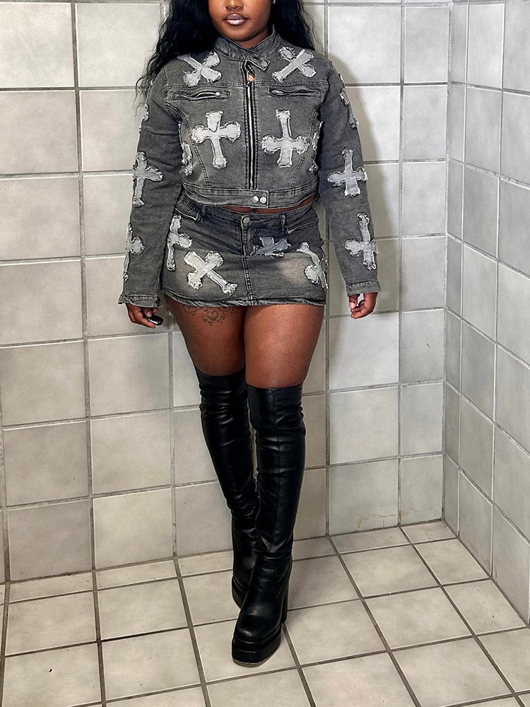 Ensemble veste et jupe en jean croisé