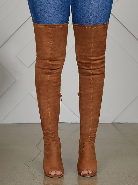 Peep Toe Suede Over Knee Boots - ECHOINE