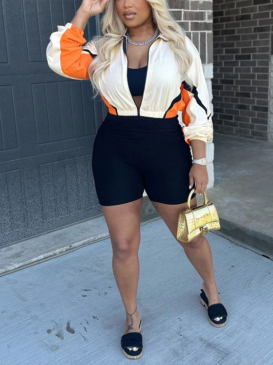 Ensemble veste zippée colorblock et short de motard