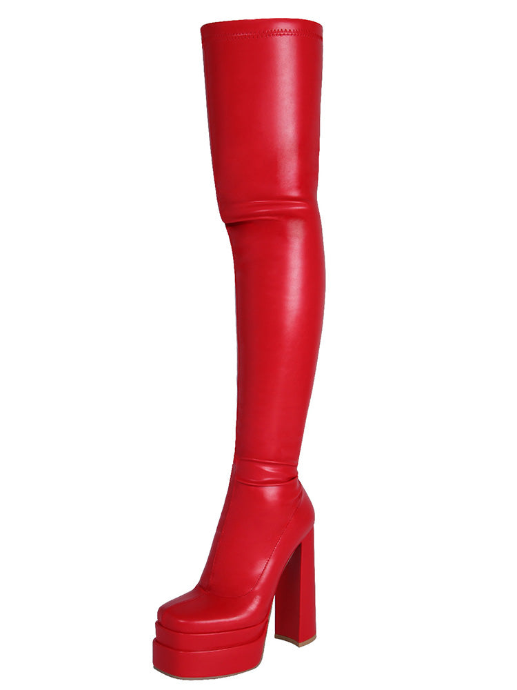 PU Platform Heel Thigh High Boots