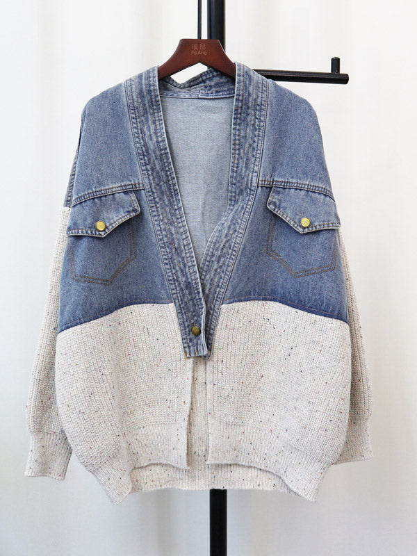 Knitted Denim Patchwork Cardigan - ECHOINE