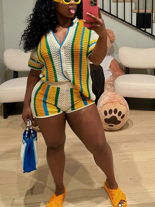 Colorblock Crochet Shorts Set - ECHOINE