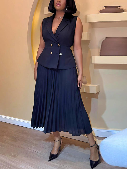 Sleeveless Blazer Pleated Maxi Skirt Set - ECHOINE