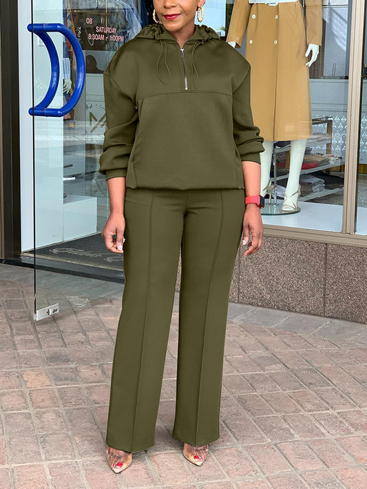 Half-Zip Hoodie Wide-Leg Pant Set - ECHOINE