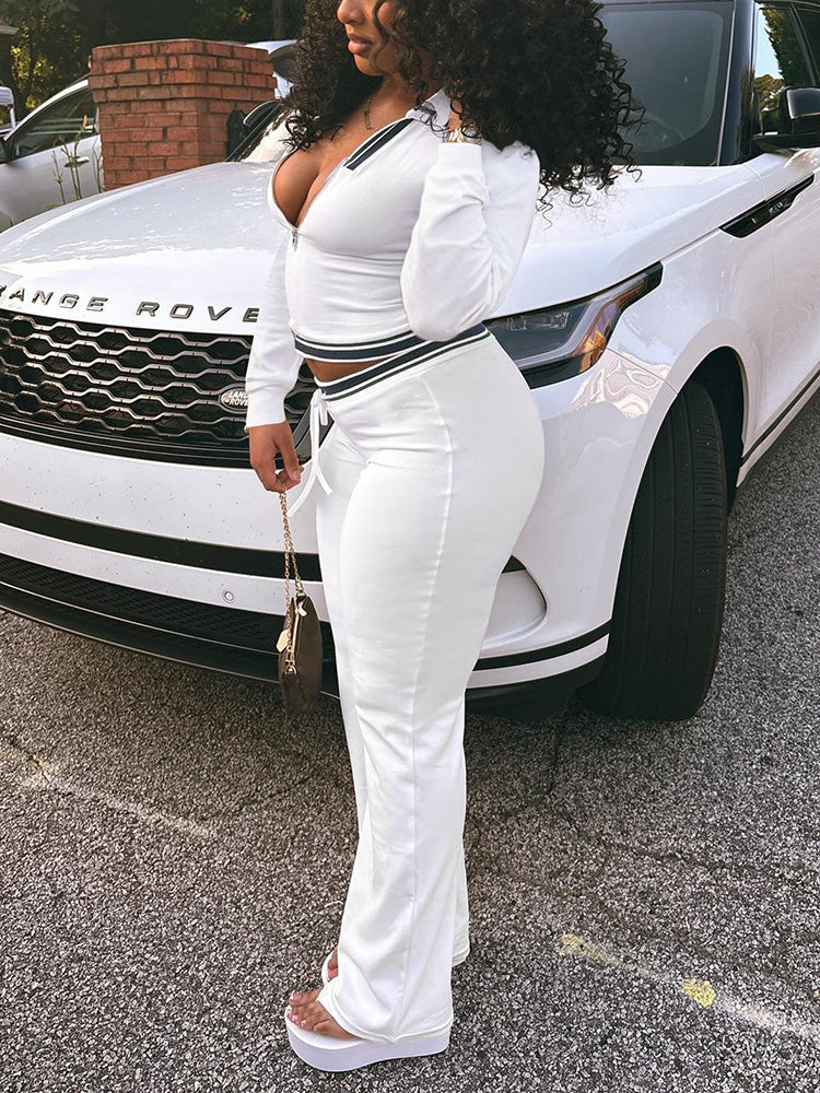 Contrast Polo Crop Top & Flared Pants Set