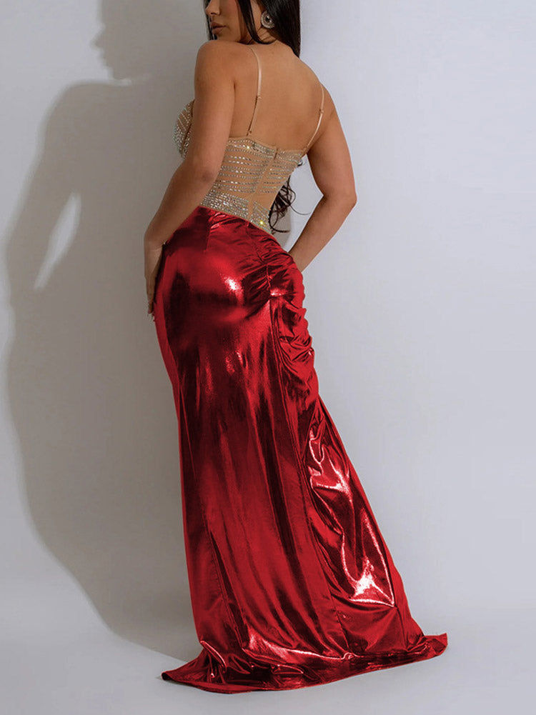 Mesh Rhinestone Metallic Dress - ECHOINE