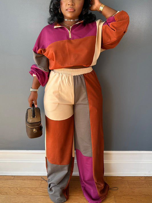 Colorblock Half-Zip Top & Wide Pants Set - ECHOINE