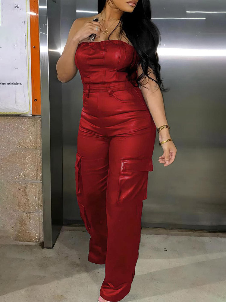 Leather Tube Cargo Jumpsuit - ECHOINE