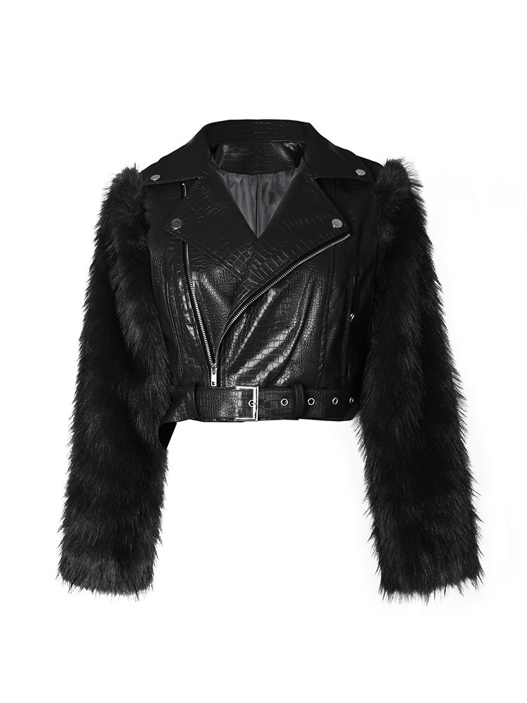 Faux Fur Sleeve & Croc-Embossed Jacket