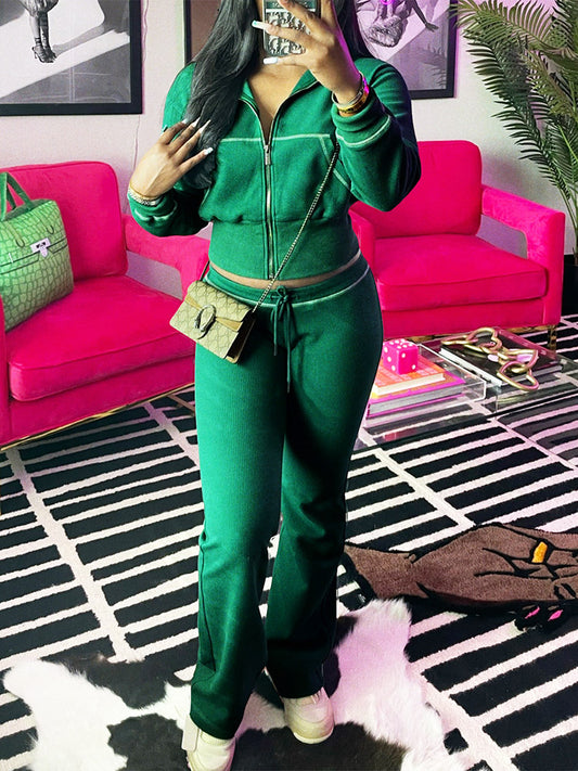 Waffle Jacket & Flare Pants Set - ECHOINE