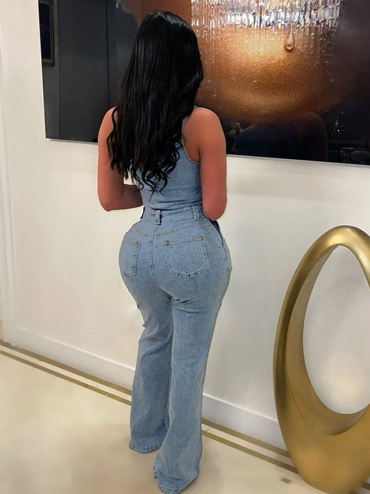 One Shoulder Denim Jumpsuit - ECHOINE