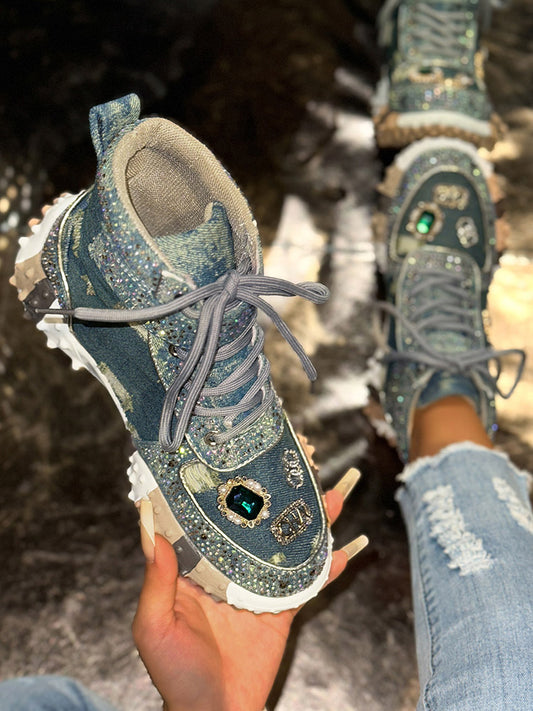 Rhinestone Denim High-Top Sneakers