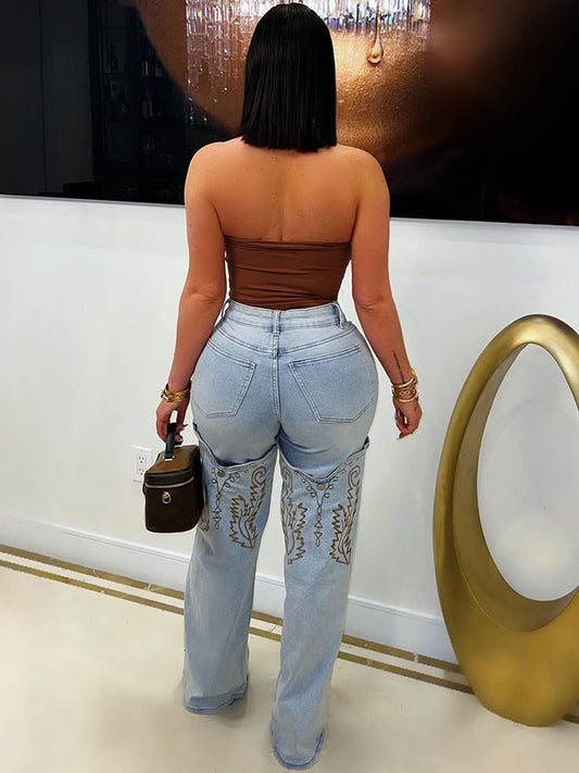 Embroidered Snap Button Jeans