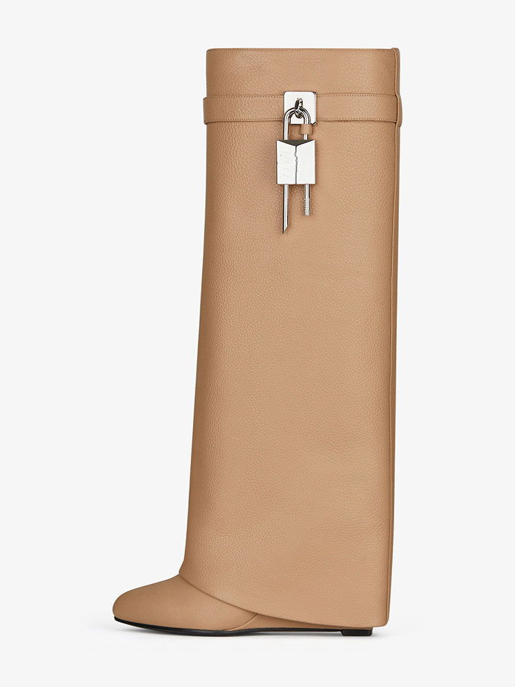 Lock & Key Leather Wedge Heel Boots - ECHOINE