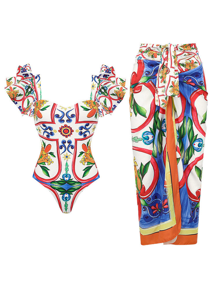 Ruffle Printed Swimwear Set - ECHOINE