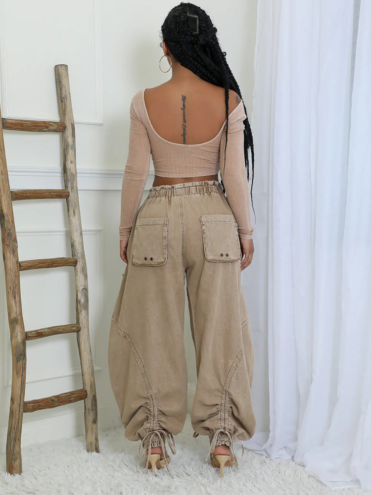 Drawstring Denim Cargo Jeans - ECHOINE