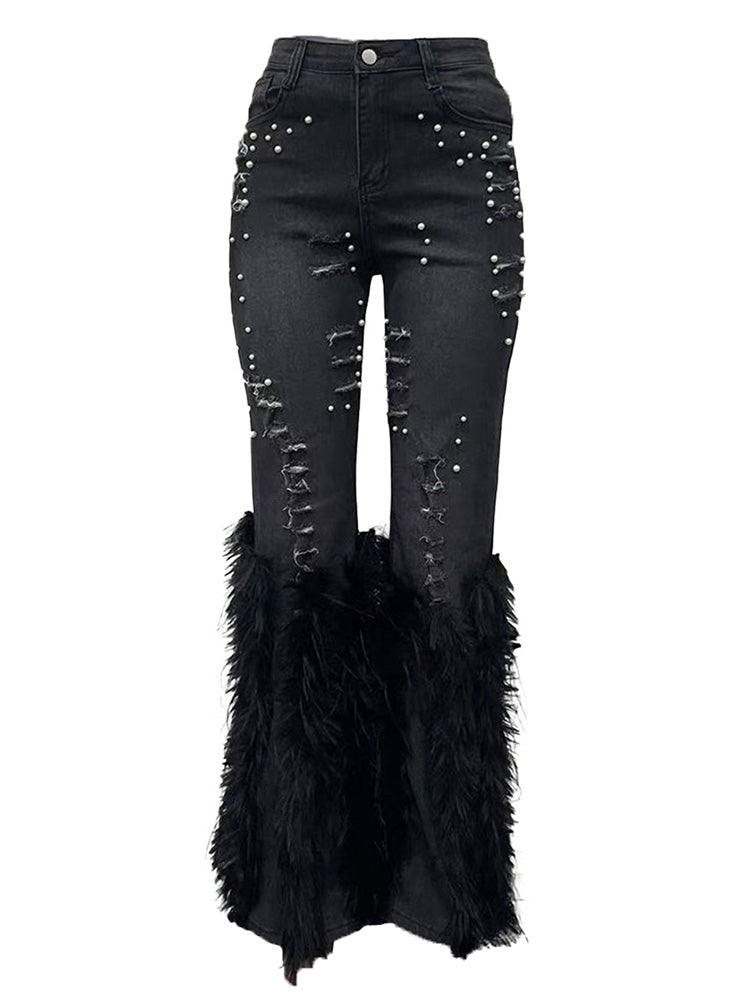 Pearl Feather Distressed Denim Jeans - ECHOINE