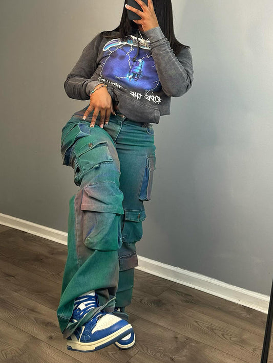 Iridescent Denim Cargo Jeans - ECHOINE