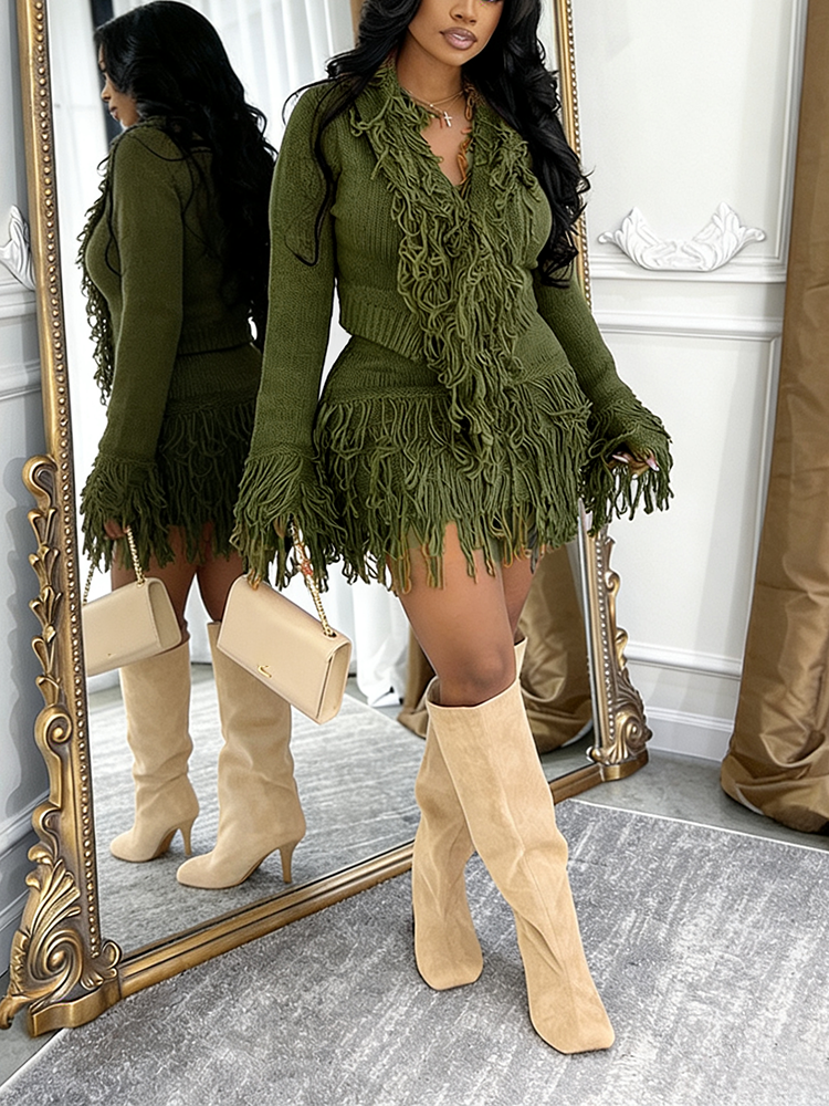 Fringe Knit Sweater & Skirt Set