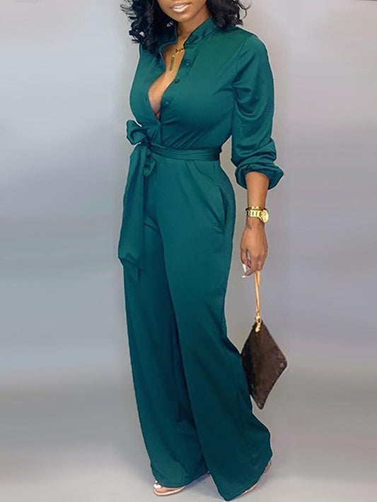Button Belted Wide Leg Jumpsuit - ECHOINE