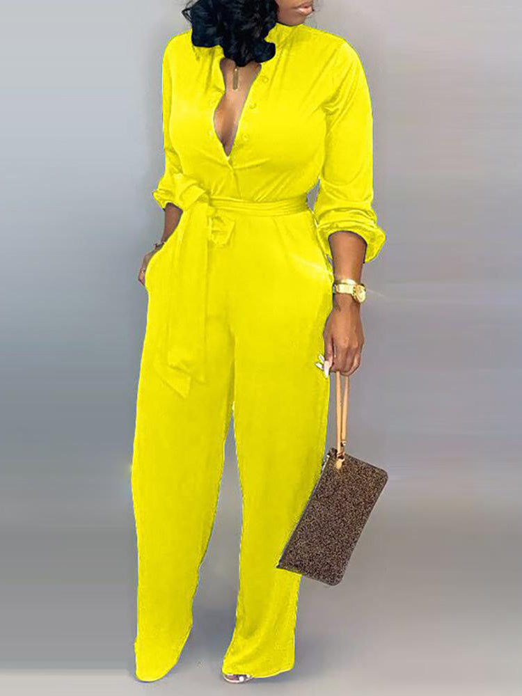 Button Belted Wide Leg Jumpsuit - ECHOINE