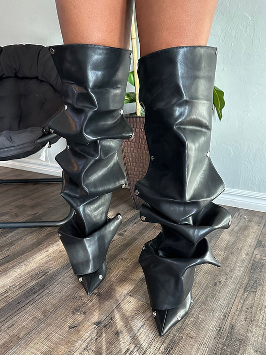 Leather Press Stud Knee-High Boots - ECHOINE