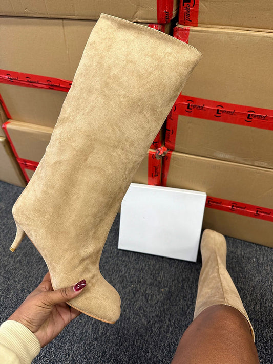 Suede Wide Calf Square Toe Boots - ECHOINE