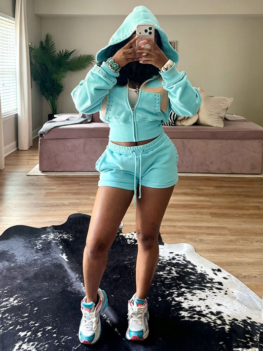 Studded Hoodie Jacket & Shorts Set