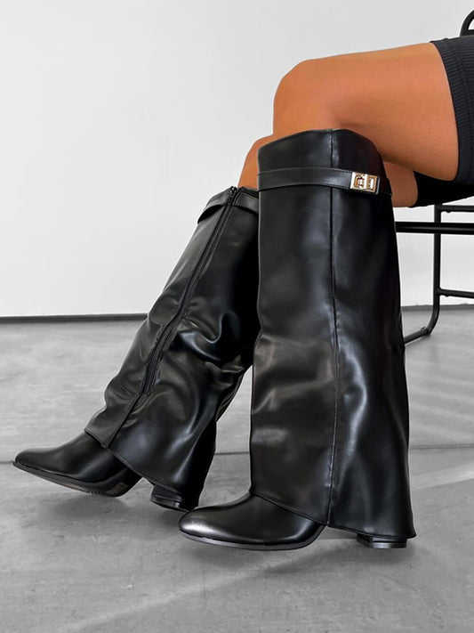 Fold Chunky Heel Knee High Boots - ECHOINE