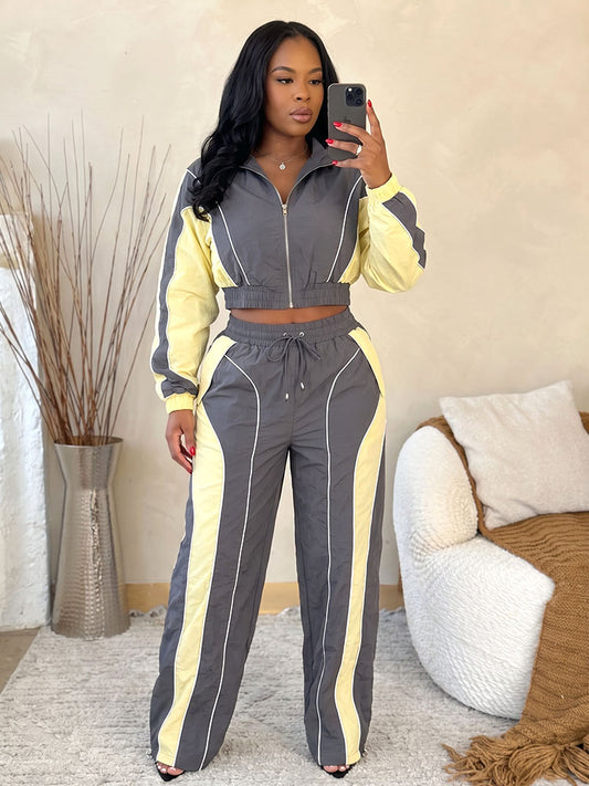 Contrast Windbreaker Jacket & Wide Pants Set