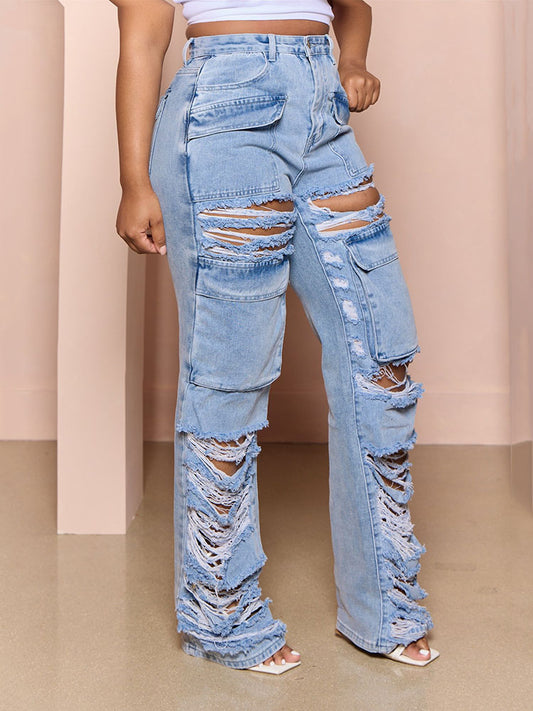 Ripped Pocket High Waist Jeans - ECHOINE