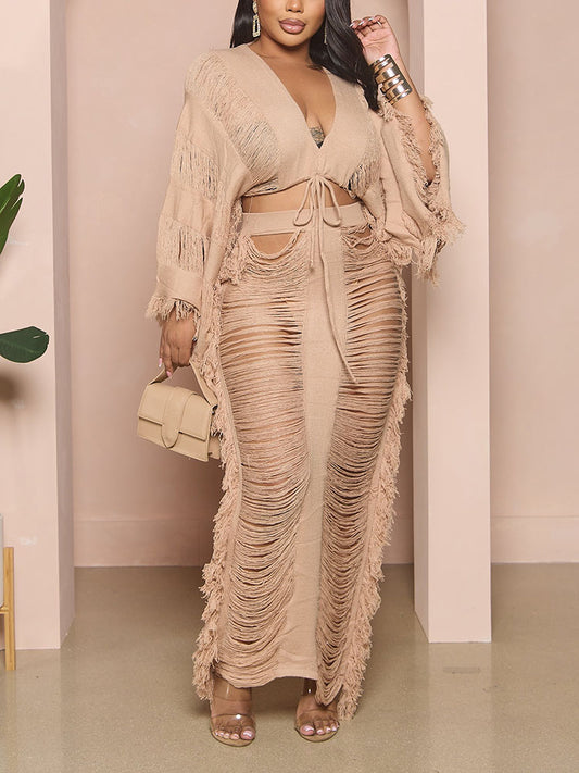 Knitted Tassel Drawstring Skirt Set - ECHOINE