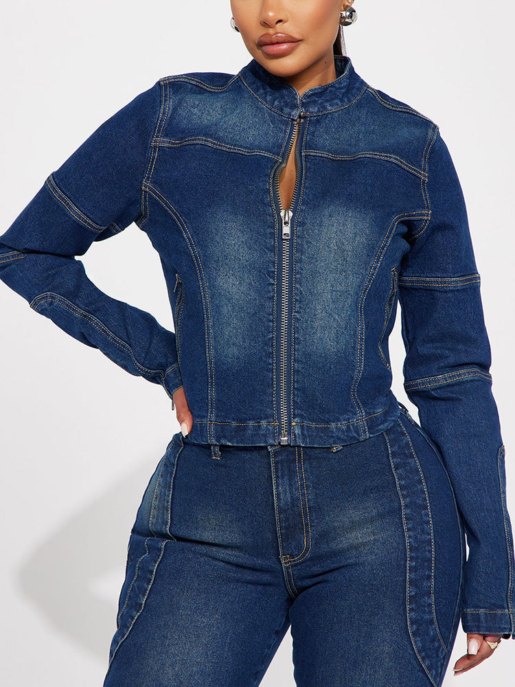Ensemble veste courte en jean et jean découpé